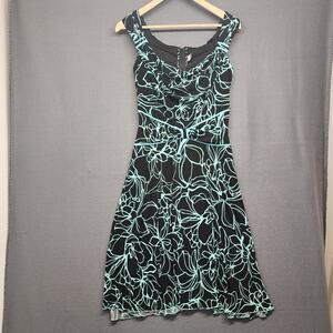 Tadashi Black Turquoise Floral Cocktail Dress Mesh Overlay Fit Flare Y2K
